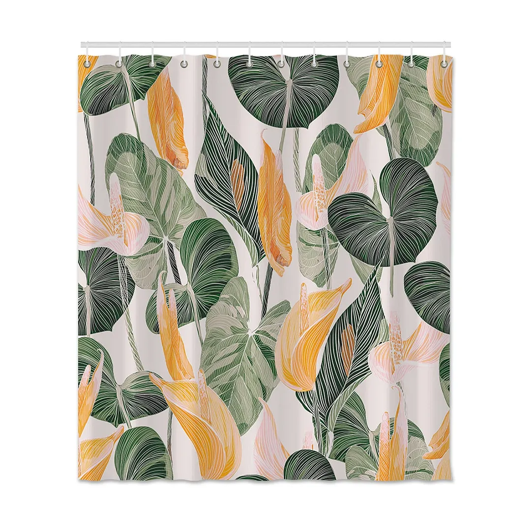 Flower Leaves Printed Shower Curtain For Bathroom Polyester Fabric Shower Curtain Home Decor Waterproof Bath Curtain With Hooks