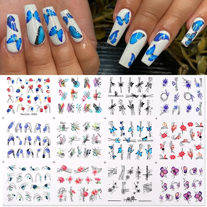 12pcs Geometric Lines Nail Sliders Water Sticker Set Flowers Leaves Design Watercolor Ink DIY Manicures Nail Art Decals Foil