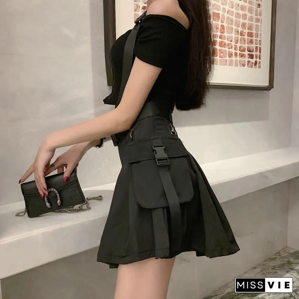 Gothic Off The Shoulder Buckle Strap Zipper Crop Top Belted Pleated Skirt