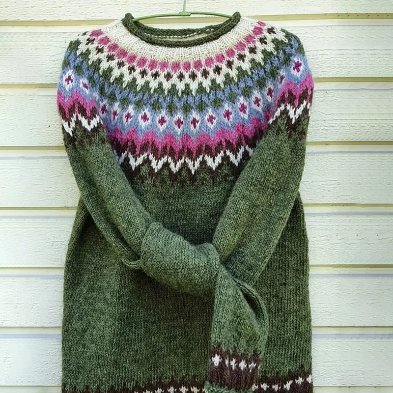 Vintage Icelandic Green Knit Jacquard Warmth Crew Neck Sweater（Unisex）