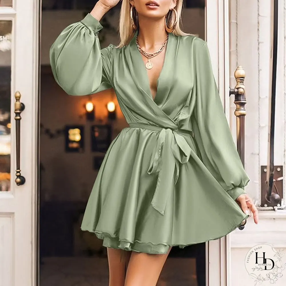 Women Silk Swing Mini Dress Lantern Long Sleeve V Neck Solid Color Party Casual Fashion Wrap Dress Plus Size