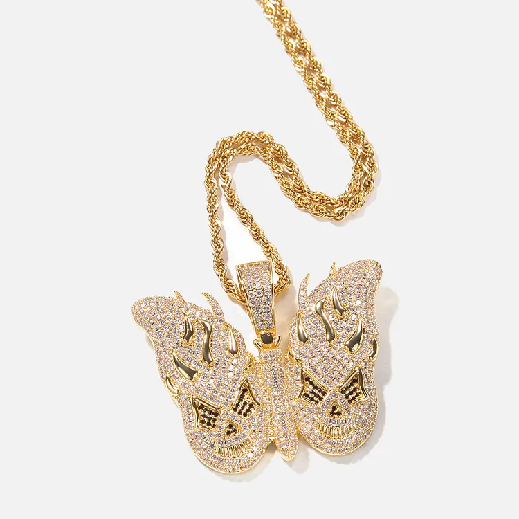 Iced Out Flame Flying Butterfly Pendants Necklaces Hip Hop Bling Bling