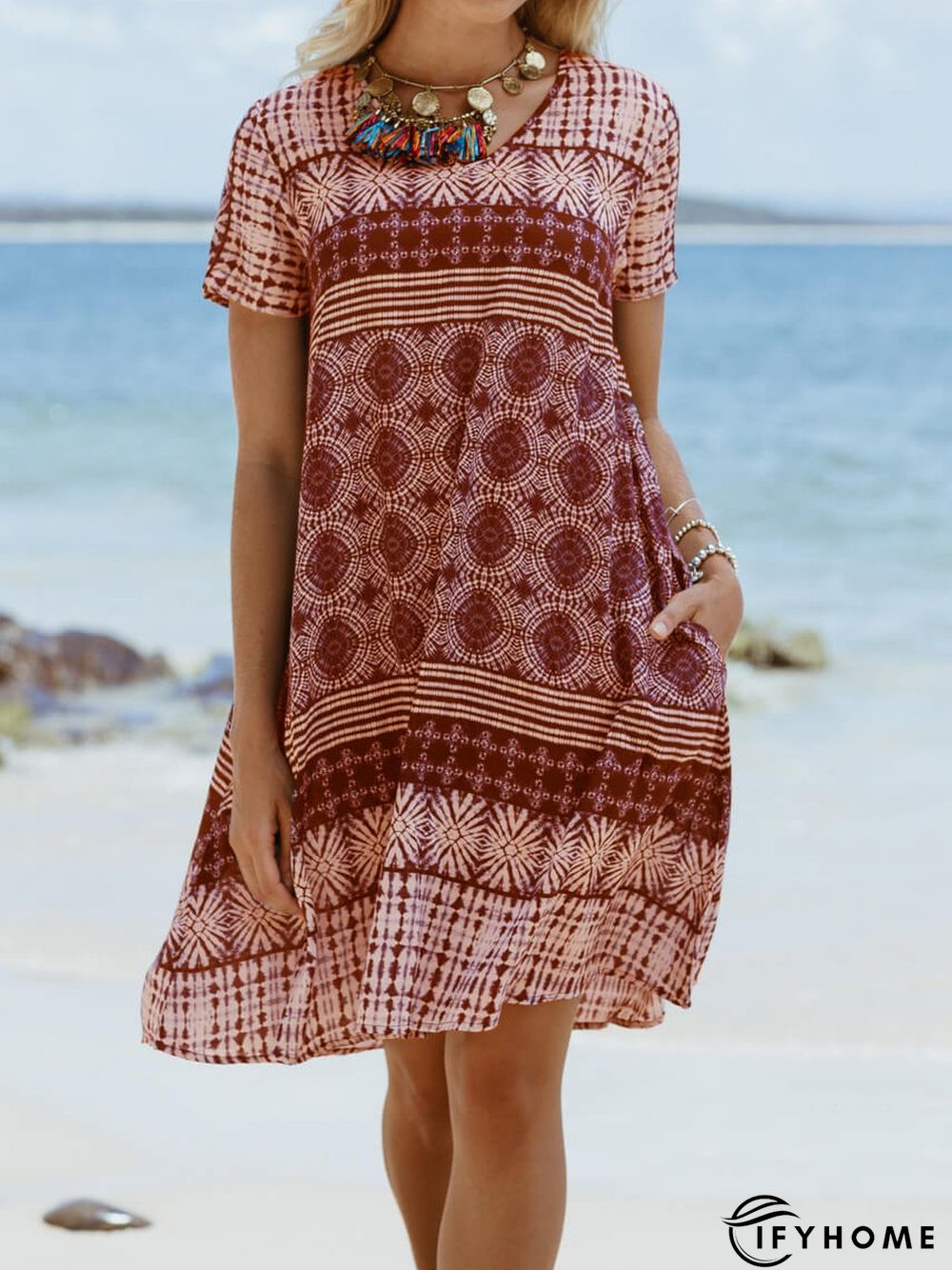 Cotton-Blend Short Sleeve Printed Weaving Dress | IFYHOME