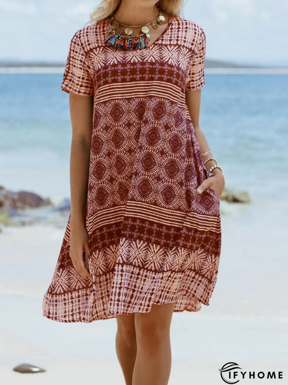 Cotton-Blend Short Sleeve Printed Weaving Dress | IFYHOME