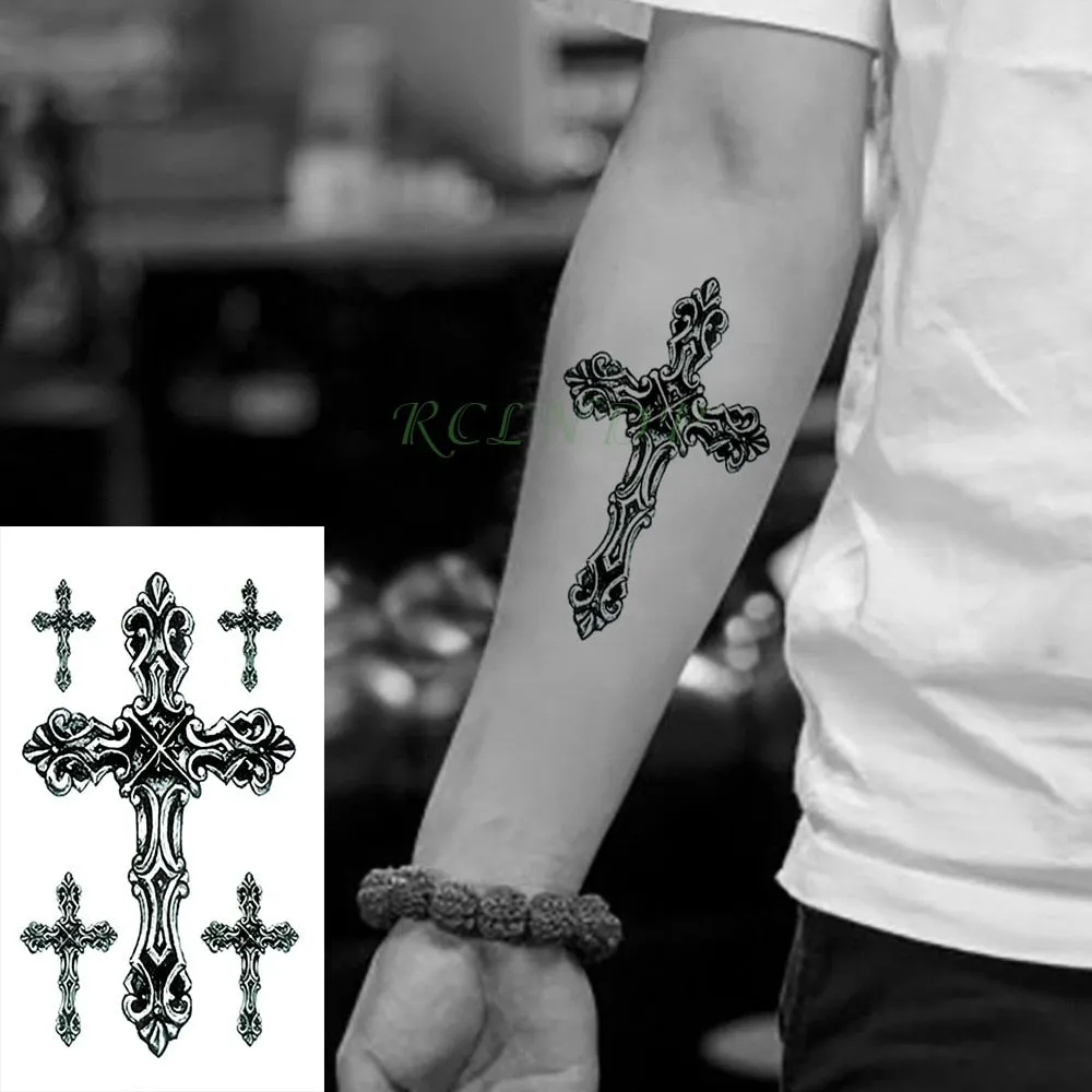 Waterproof Temporary Tattoo Sticker Small Cross Rose Flower on Finger Neck Hand Flash Tatoo Fake Tatto for Girl Women Men