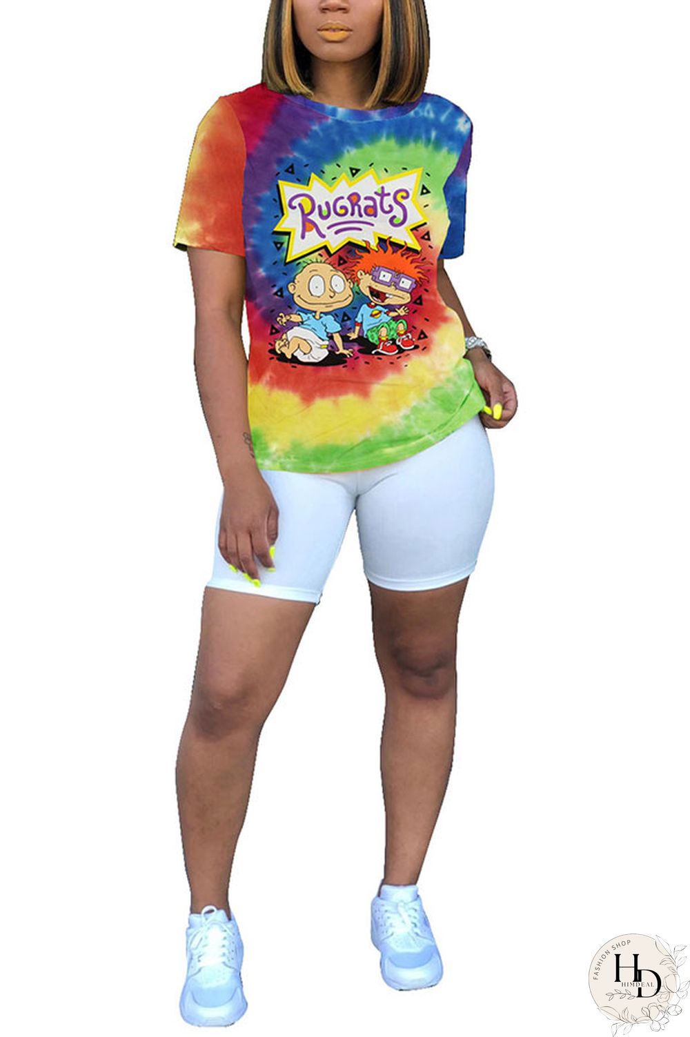 Blue White Blue Orange Yellow colour Polyester O Neck Short Sleeve Patchwork Print Character Tops