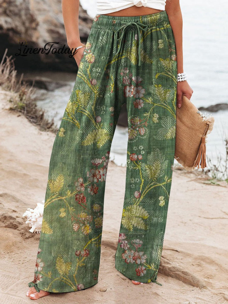 Women&rsquo;s Vintage Floral Art Printed Cotton And Linen Casual Pants Multicolor / S