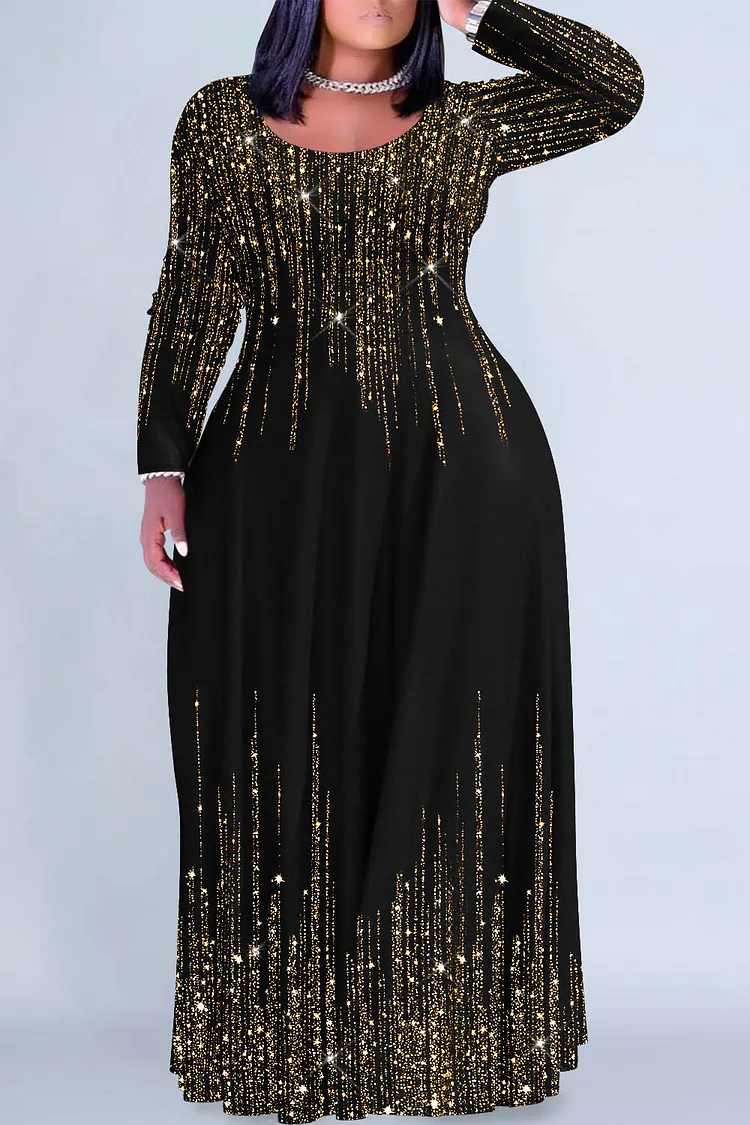 Xpluswear Design Plus Size Christmas Black Gradient Round Neck Long Sleeve Maxi Dresses 2024 - Xpluswear