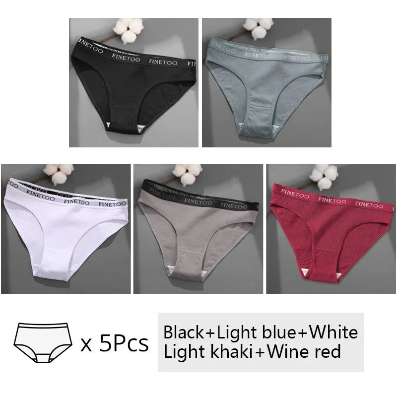 FINETOO 5Pcs/set Cotton Panties Women M-2XL Solid Color Letter Underwear Ladies Low Waist Briefs Plus Size Underpants Lingerie