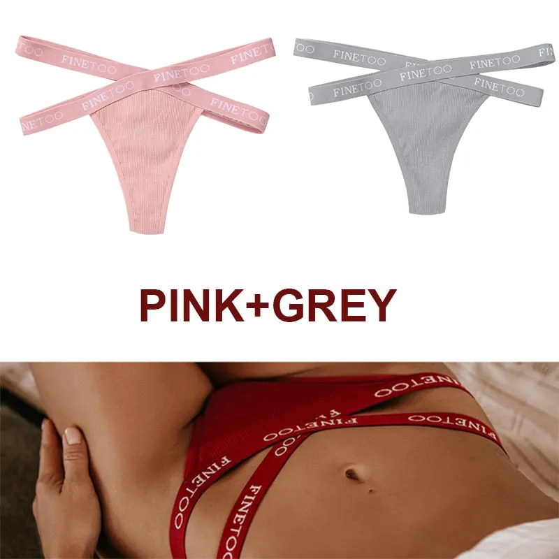 FINETOO 2PCS/Set Women's Cotton G-string Sexy Cross Strap Panties Letter Waisted Underwear Thongs Femme Hollow Out Lady Briefs