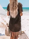 Hollow Tasseled Short Sleeves Cover-Ups Tops