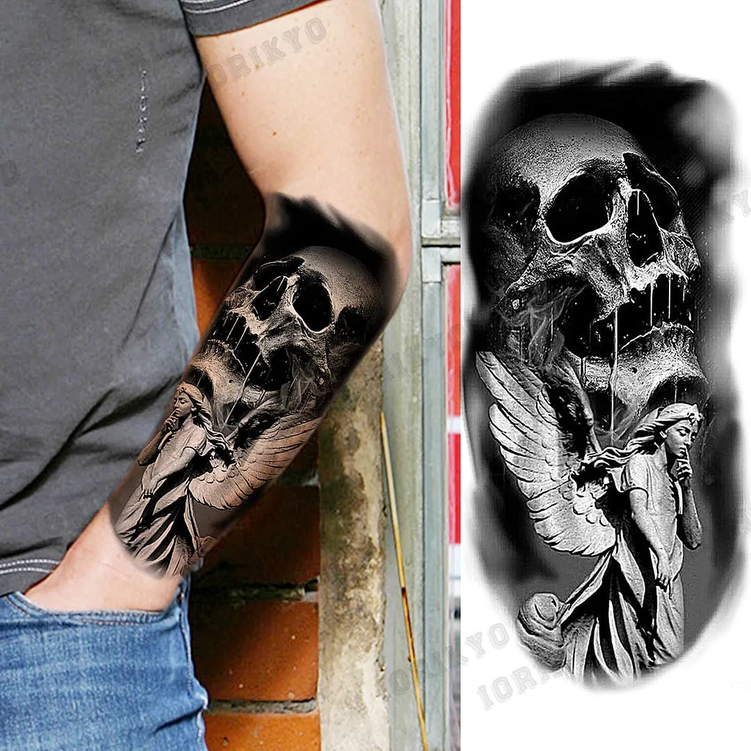 Realistic Devil Skeleton Temporary Tattoos For Men Adult Women Wolf Compass Gangster Fake Tattoo Washable Body Art Tatoo Sticker