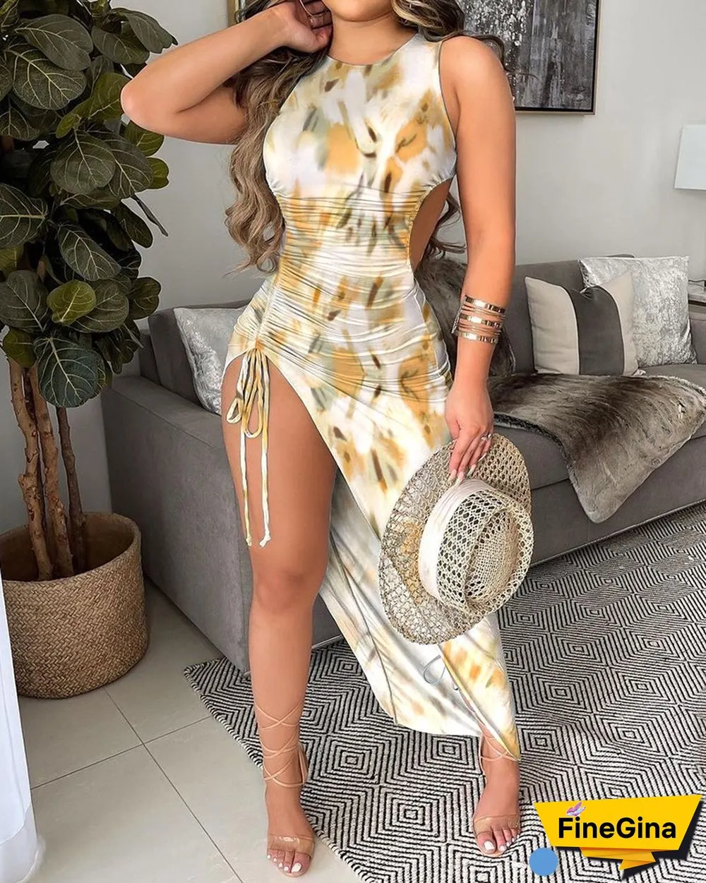 All Over Print Drawstring Ruched Slit Thigh Tank Dress