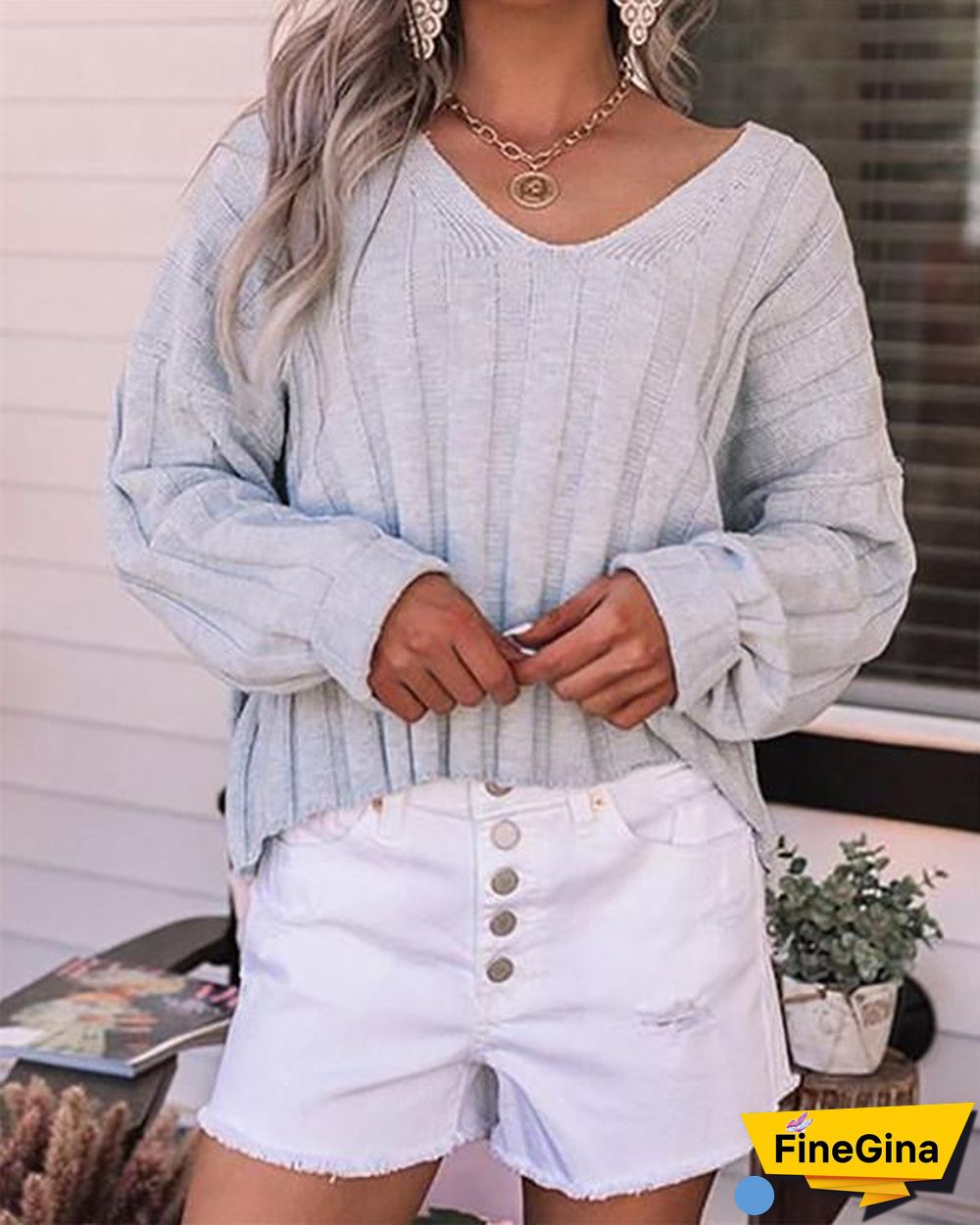 Loose V-neck Short-sleeved Knitted Sweater