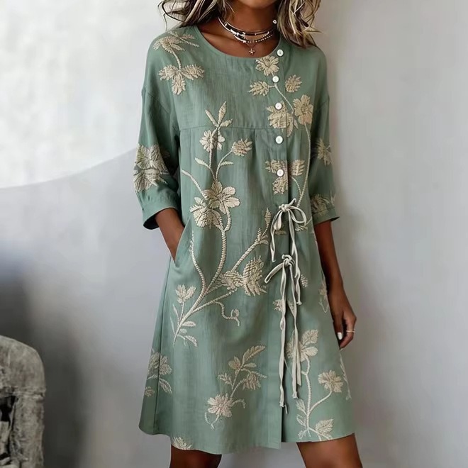 Comstylish Women's Retro Floral Wrap Tie Waist Linen Blend Midi Dress