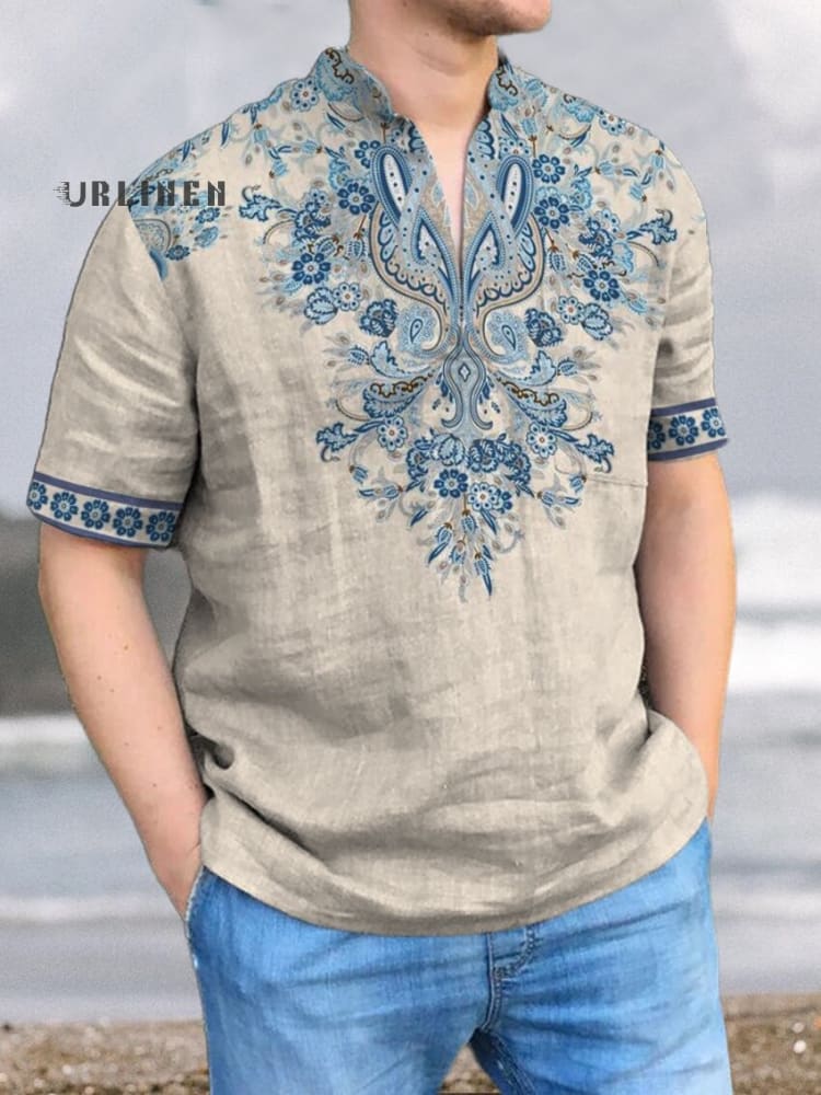 Blue Bohemian National Style Vintage Print Casual 100% Cotton Shirt Multicolor / S