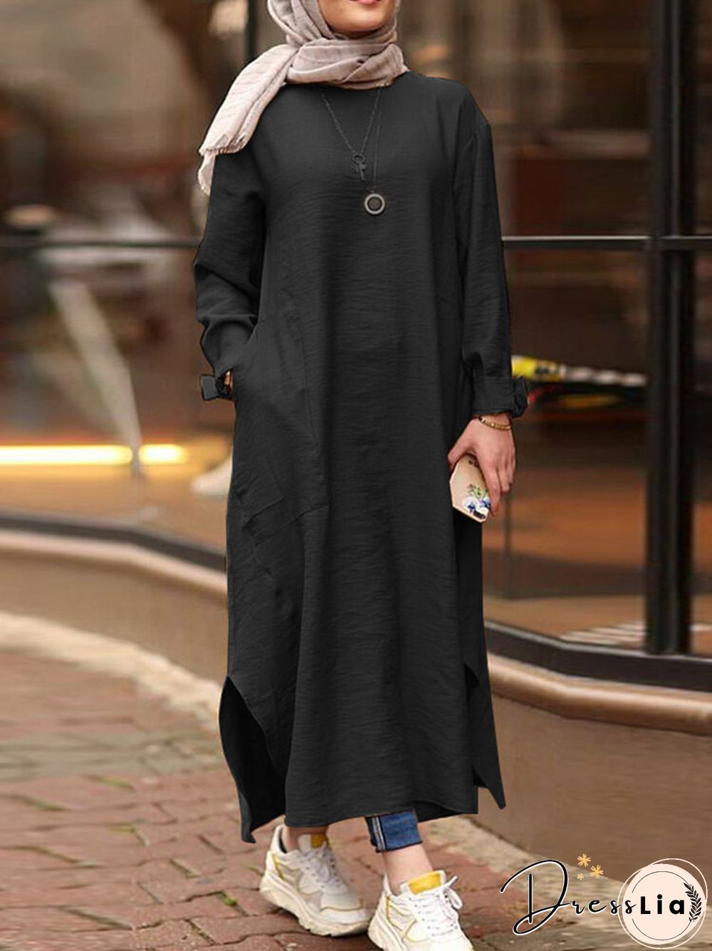 Casual Solid Color Side Split Pockets Long Sleeve Dress