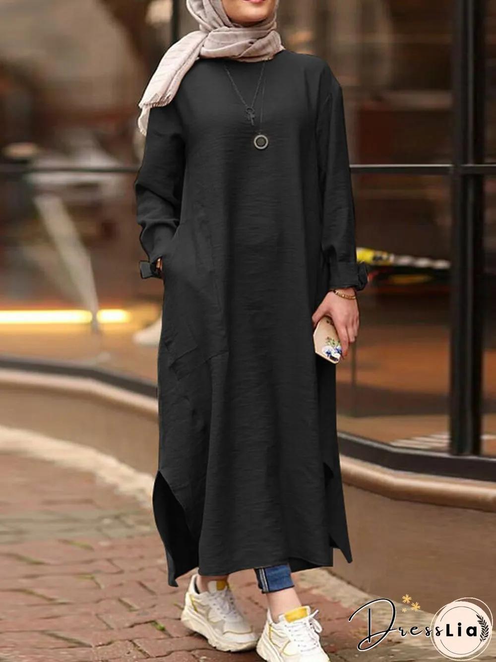 Casual Solid Color Side Split Pockets Long Sleeve Dress