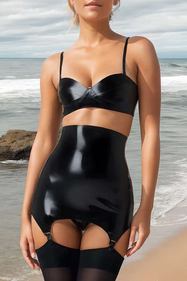 Latex Lingerie Set Crotchless Black Bra