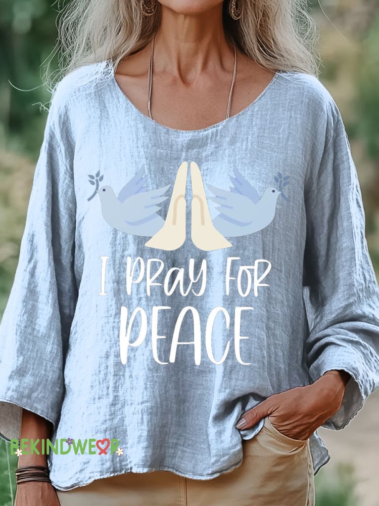 I Pray For Peace Printed Cotton Linen Long Sleeve Shirt Multicolor / S