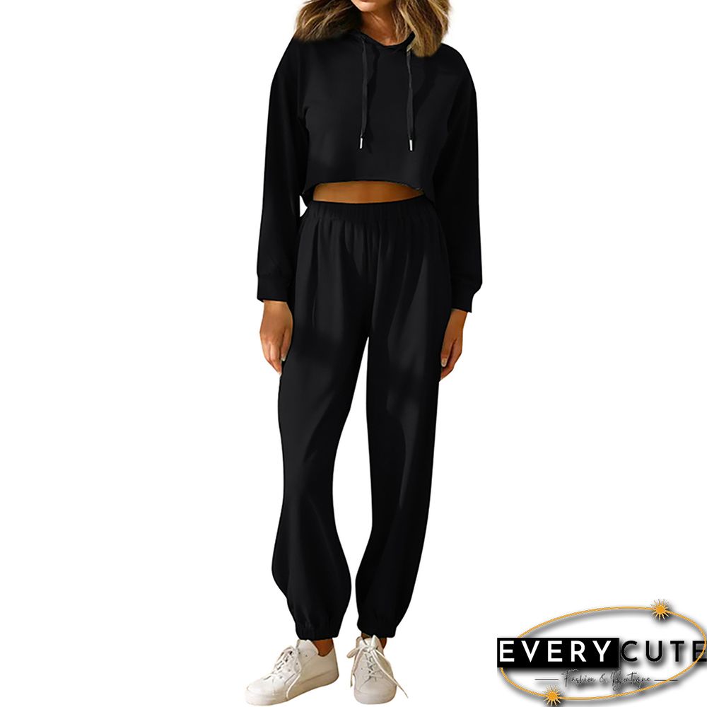 Black Cotton Blend Crop Hoodie and Pant Sports Set