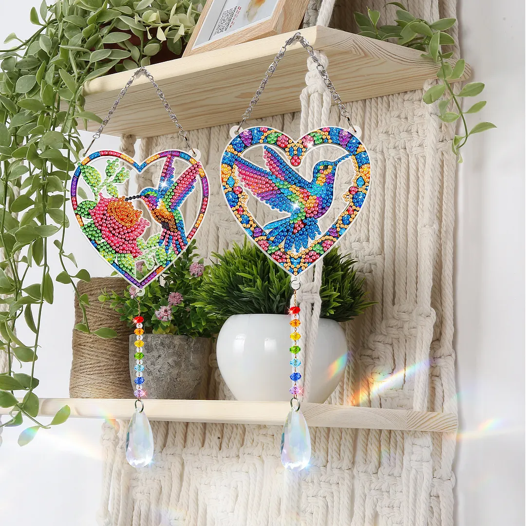 2Pcs Love Hummingbird DIY Acrylic Diamond Painting Art Wind Chimes with Crystal Pendant Diamond Art Hanging Pendant Double-Sided for Adults Beginners Gift Home Garden Decor