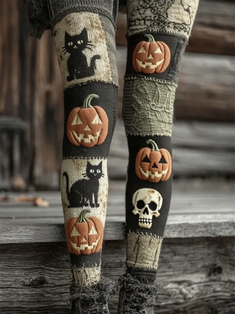 Women's Autumn and Winter Halloween Retro 3D Sweater Textured Black Cat Pumpkin Print Holiday Pants 