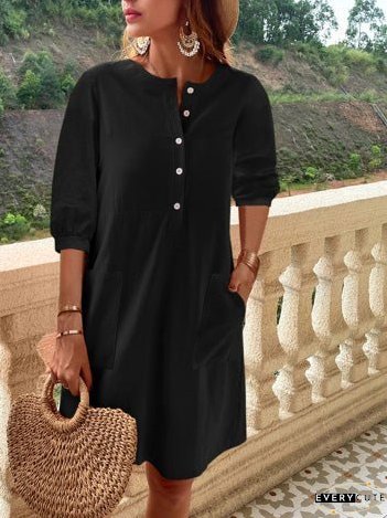 Dresses Button Mid-Sleeve Pocket Casual Dress for Women