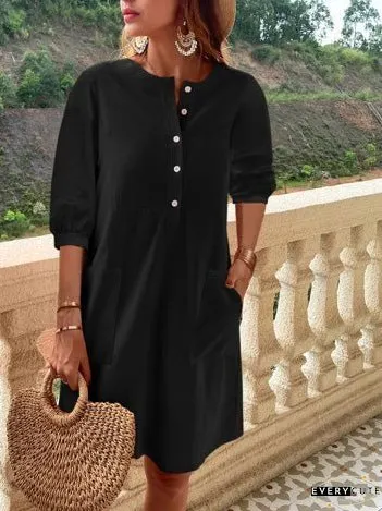 Dresses Button Mid-Sleeve Pocket Casual Dress for Women