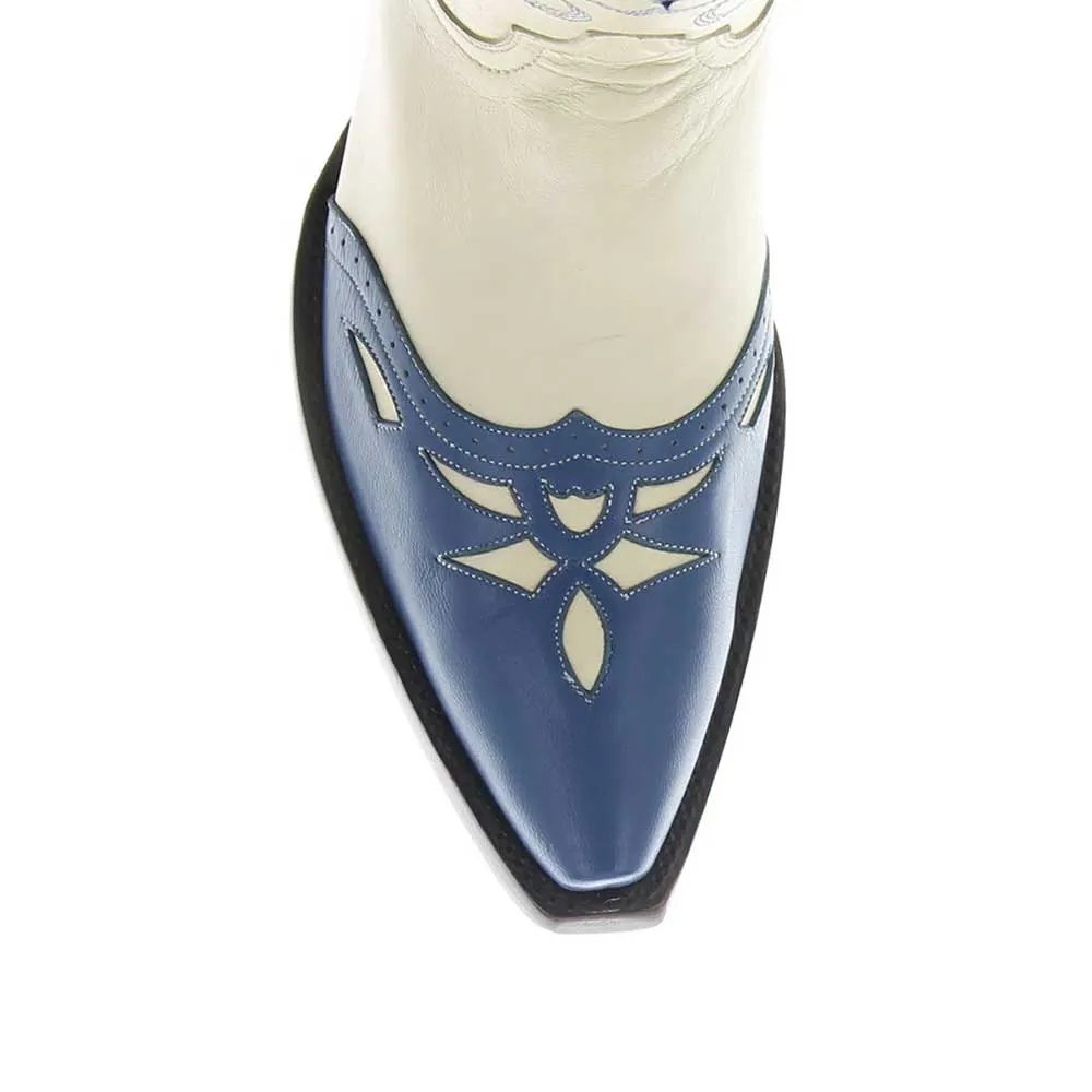 Blue & Ivory Embroidered Low Heel Mid Calf Cowgirl Boots for Women