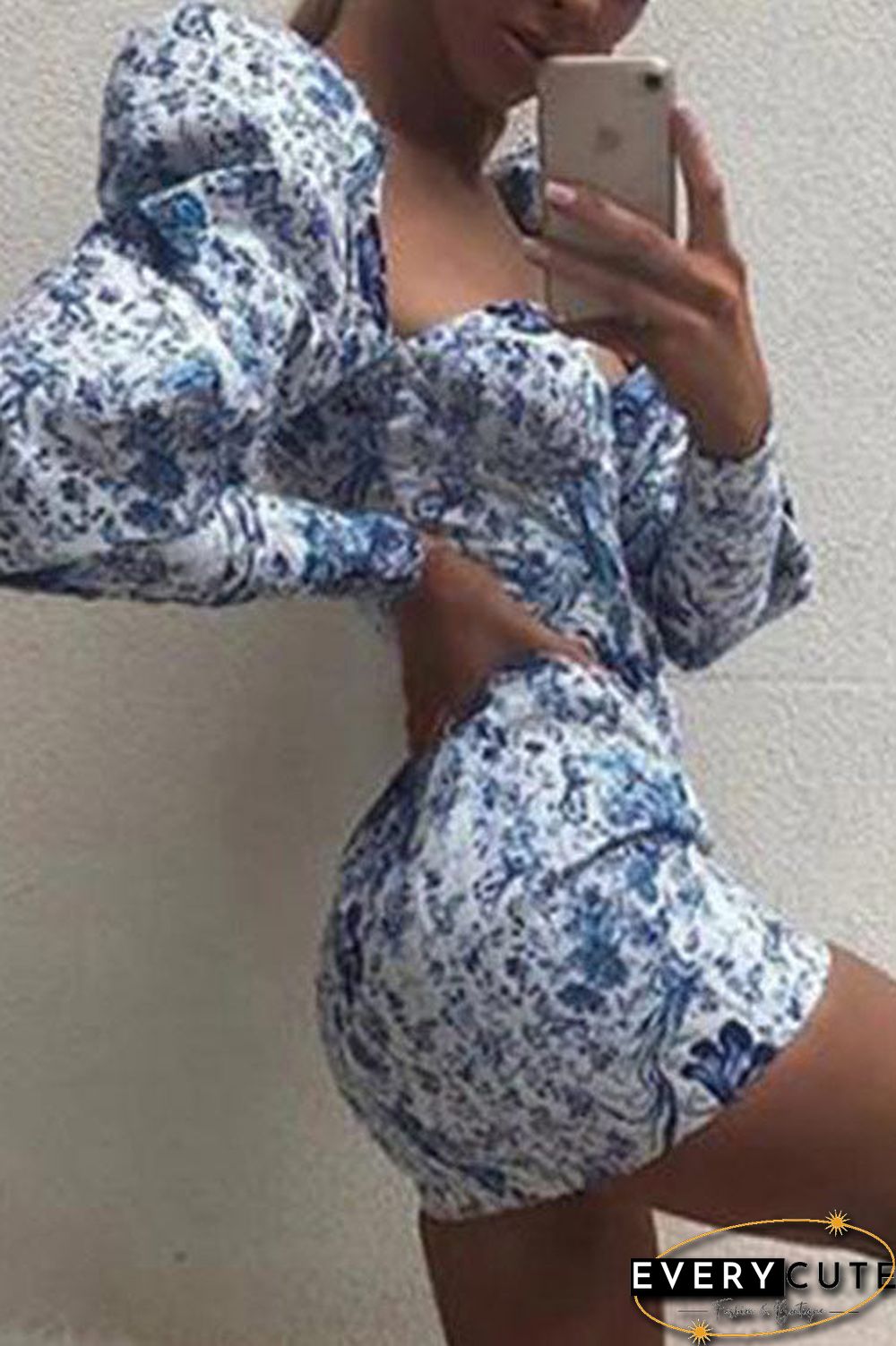 Sexy Blue Print Mini Long Sleeve Party Dress