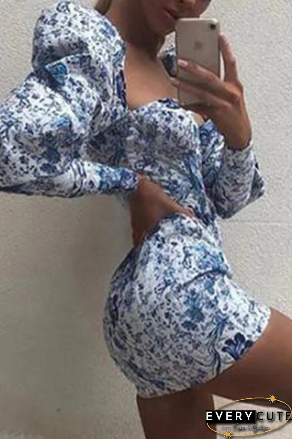Sexy Blue Print Mini Long Sleeve Party Dress