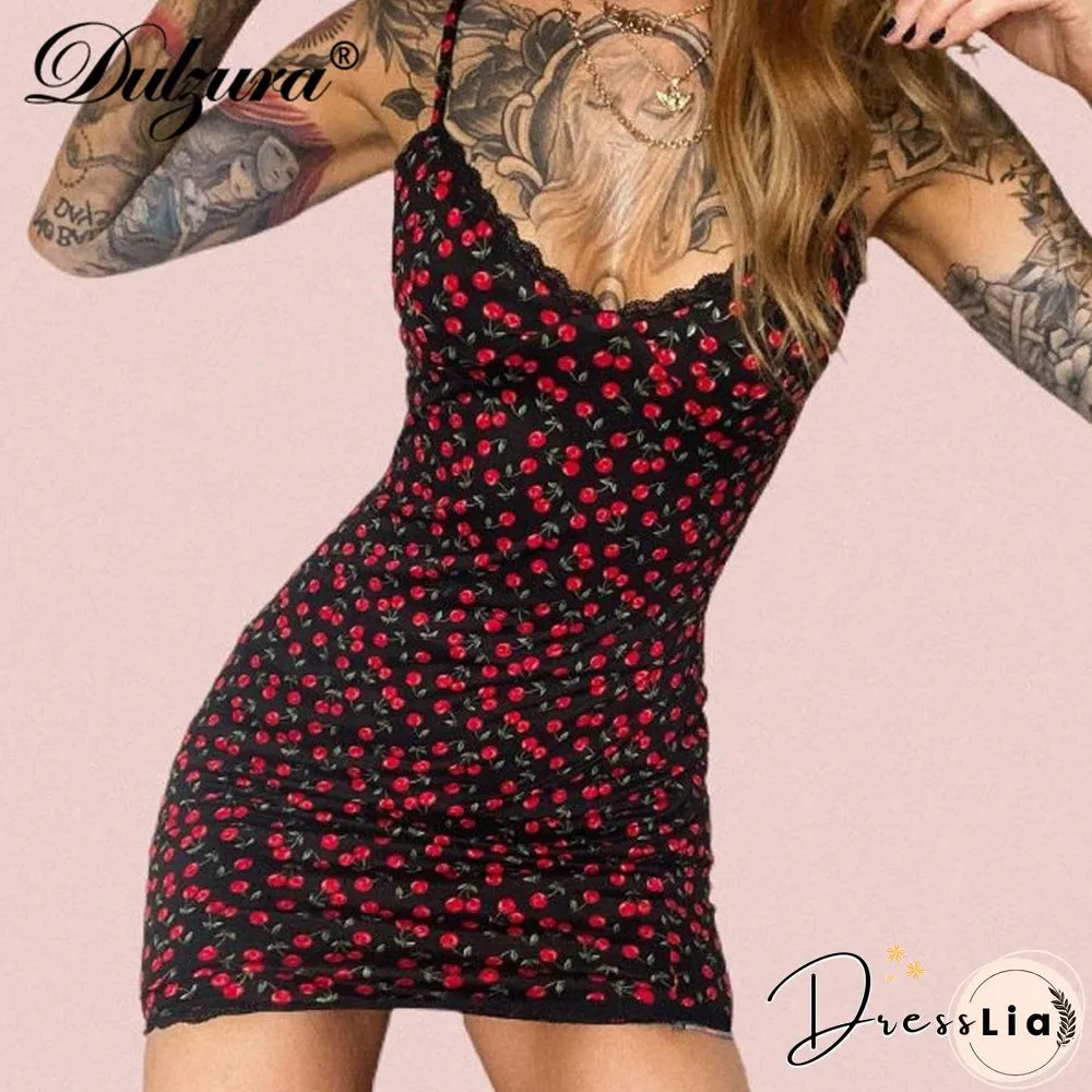 Lace Patchwork Cherry Print Women Strap Mini Dress Bodycon Sexy Streetwear Party Club Elegant Cute Summer Sweet
