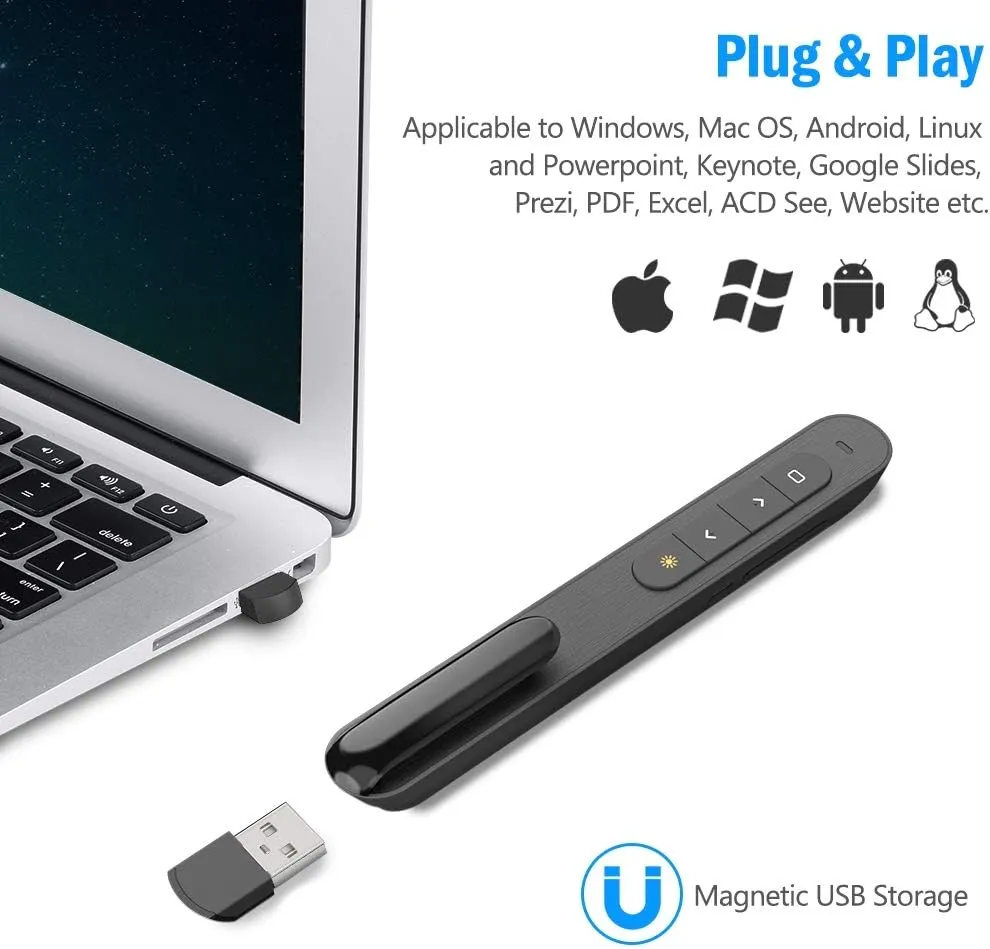 DinoFire for Bluetooth Presentation Remote Powerpint Clicker USB Rechargeable RF 2.4 GHz Dual Modes Wireless Presenter Presentation Clicker Slide Advancer for Mac/Keynote/PC/PPT 11  (UPC/EAN)701473808109