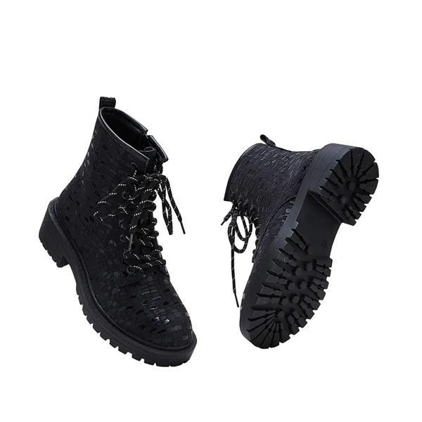 Women Sexy Sequin Lace-Up Ankle Chunky Heel Boots