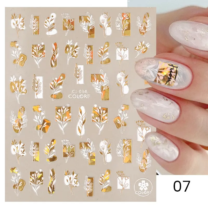 1 Pc 3D Nail Stickers Leaves Sliders for Nails Gold White Bronzing Flowers Gradient Adhesive Sticker Nail Design Art Decorations-Nail Inspo