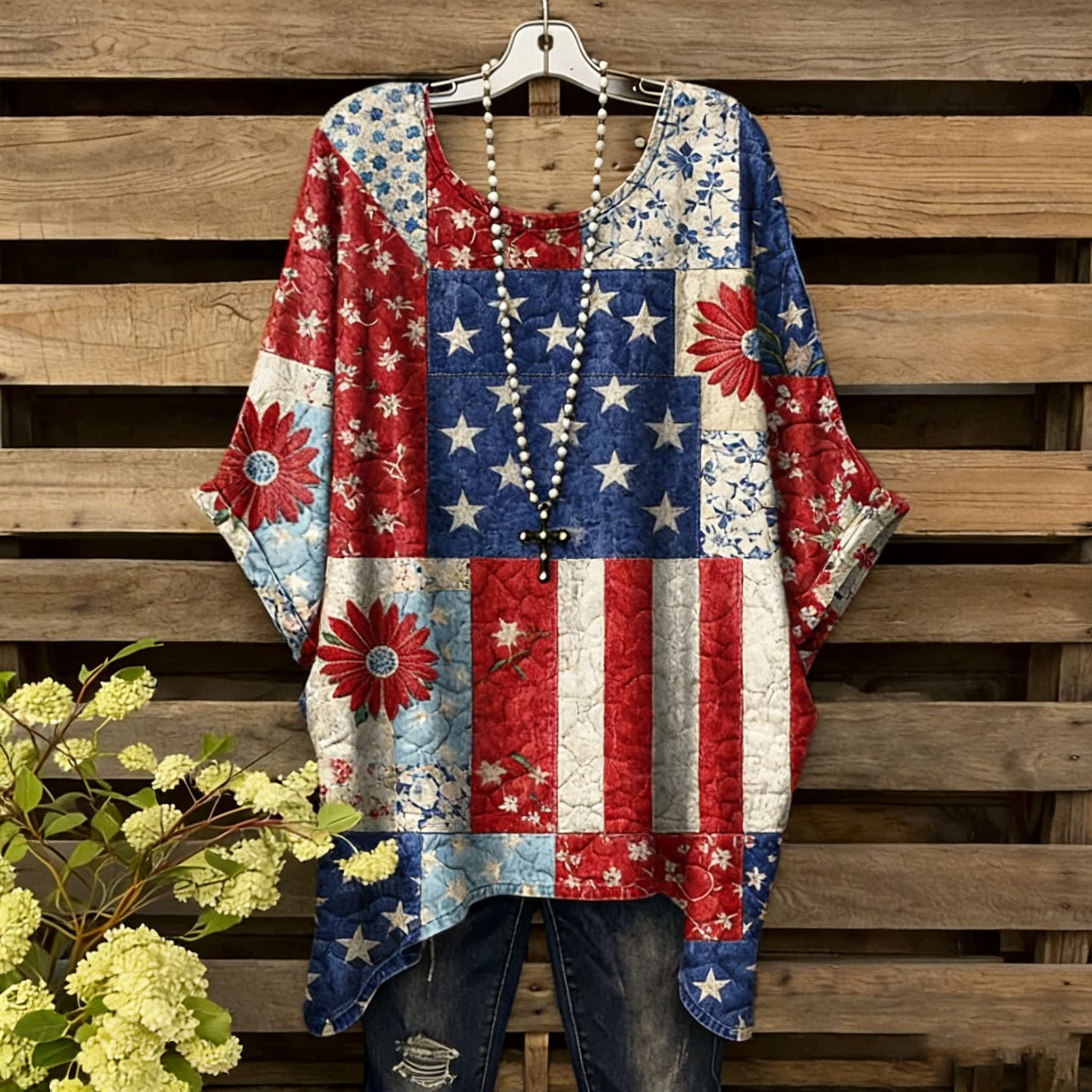 Comstylish Women's Floral Patchwork Art Print Casual T-shirt