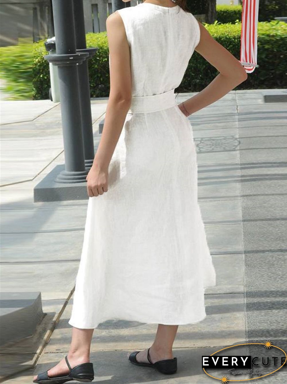 V-neck Waist Belt Cotton Linen Hem Split Sleeveless White Dresses