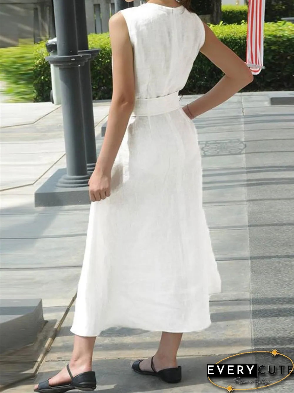V-neck Waist Belt Cotton Linen Hem Split Sleeveless White Dresses