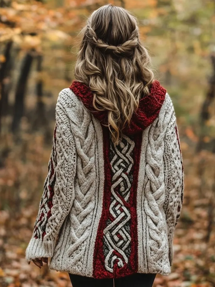 Classic Celtic Jacquard Contrast Color Cozy Chunky Hooded Cardigan