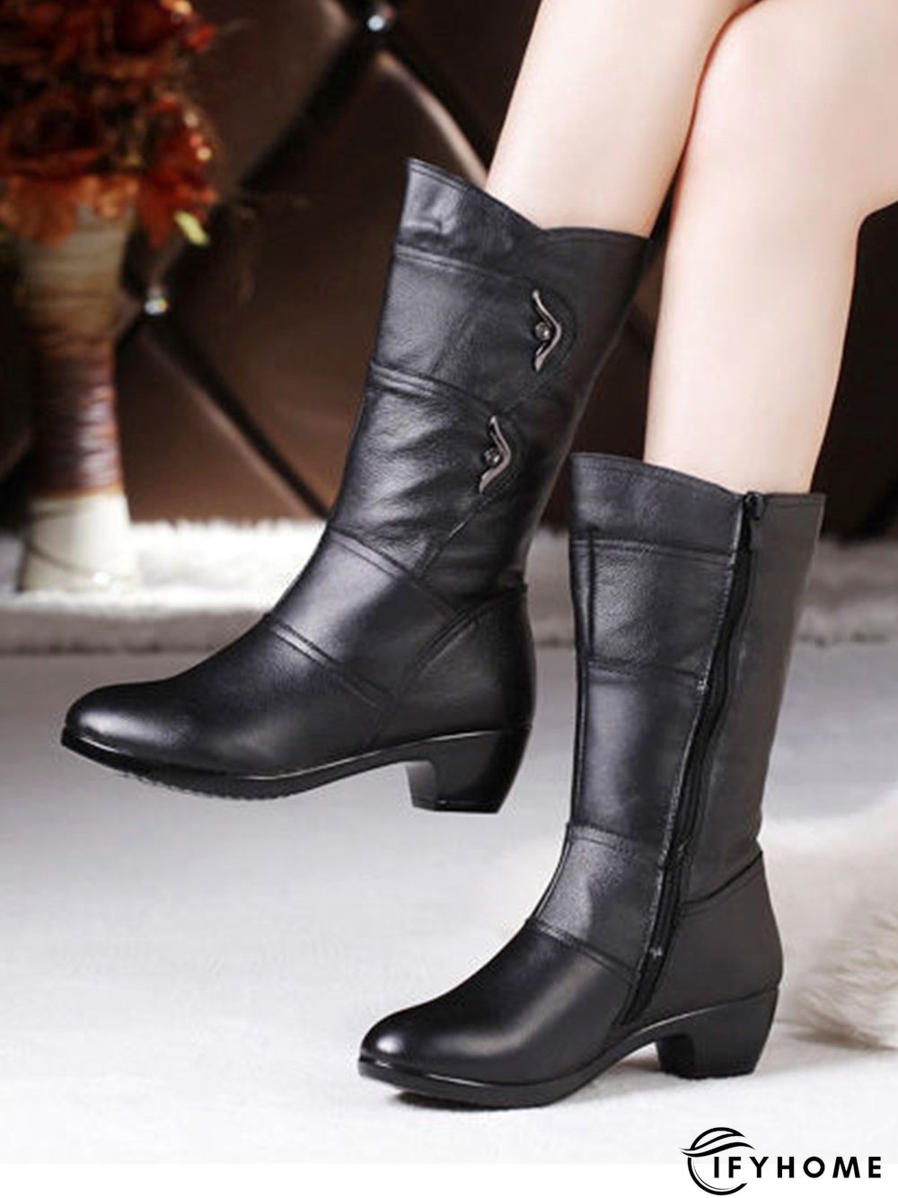 Black Rhinestone Metal Plush Warm Thick Heel Boots | IFYHOME