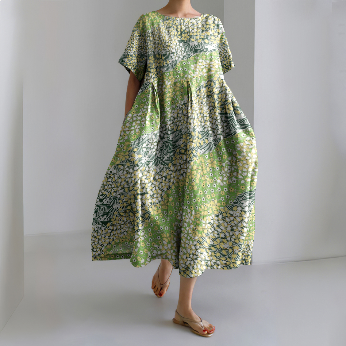 Japanese Art Floral Chiyogami Painting Print Linen Blend Dress