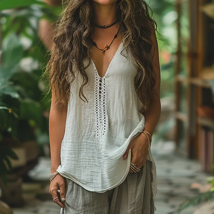 Women's Ethnic Style Linen V-neck Sleeveless Top