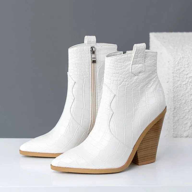 Black White Brown Yellow Autumn Winter Ankle Boots for Women Western Cowboy Boots Woman Wedge High Heel Boots Pointed Toe 2019