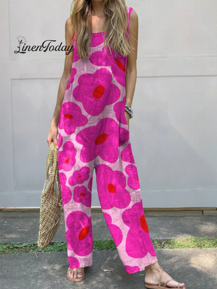 Vibrant Pink Floral Pattern Printed Women&rsquo;s Casual 100% Cotton Wide Leg Jumpsuit / S