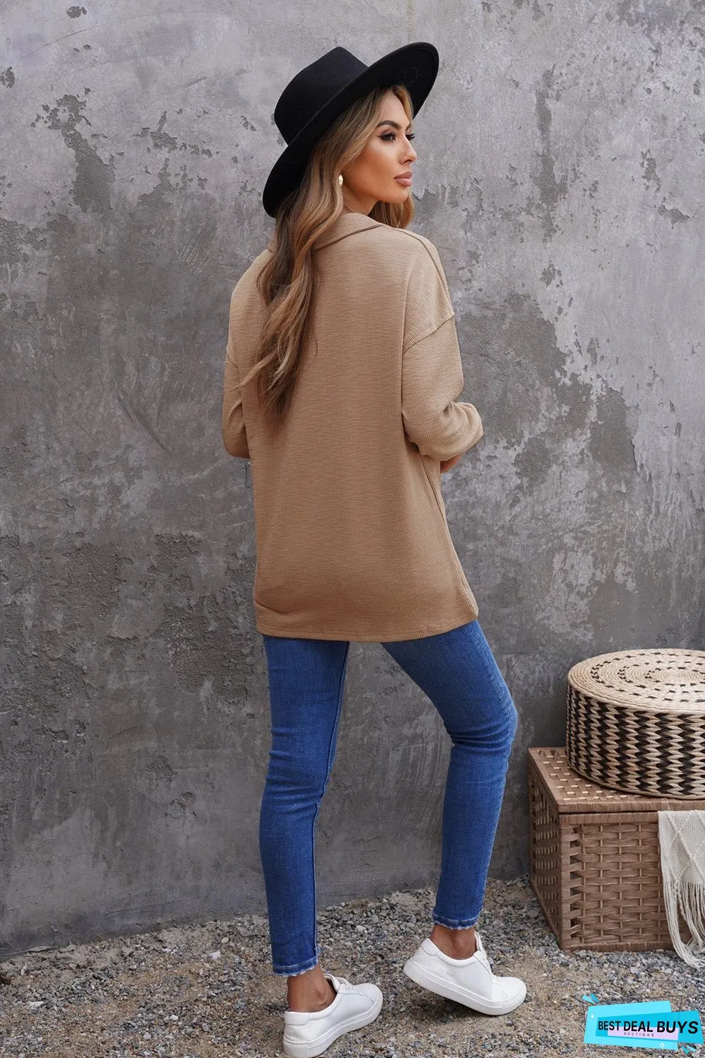 Button Turn-down Neck Knit Top