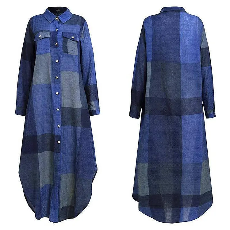 Ladies Plaid Shirt Feeling Relaxed Daily Long Dress 9237