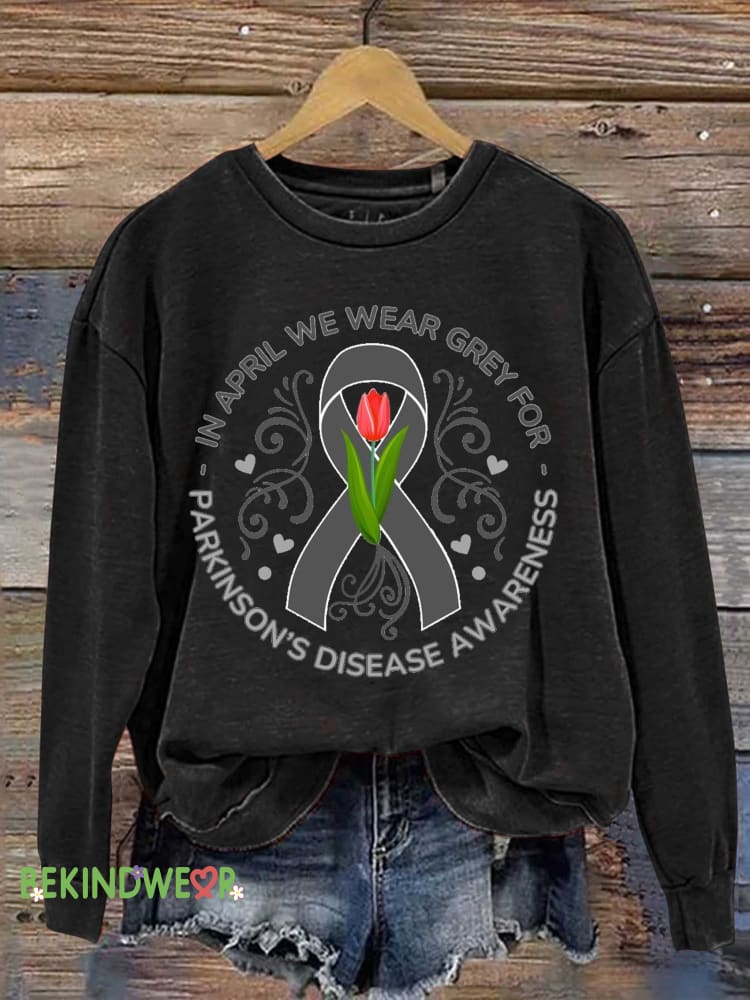 In April We Wear Grey for Parkinson&rsquo;s Disease Awareness Red Tulip Silver Ribbon Casual Sweatshirt Black / S