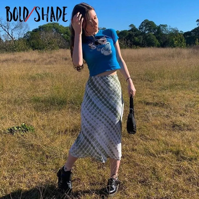 Bold Shade 2000s Aesthetic Printing Midi Skirt High Waist Colorblock Skinny Y2K Fashion Indie Clothes Women Summer Skirts 2021