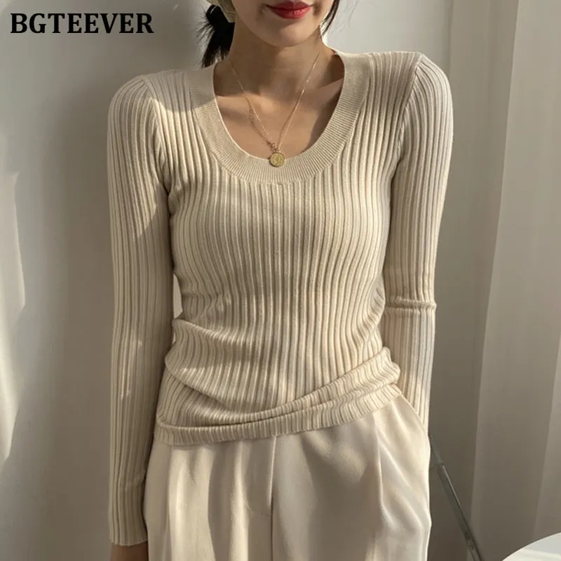 BGTEEVER Autumn Deep O-neck Women Basic Slim Warm Knitted Tops Casual Skinny Stretch Long Sleeve Female Pullover Sweaters 2020